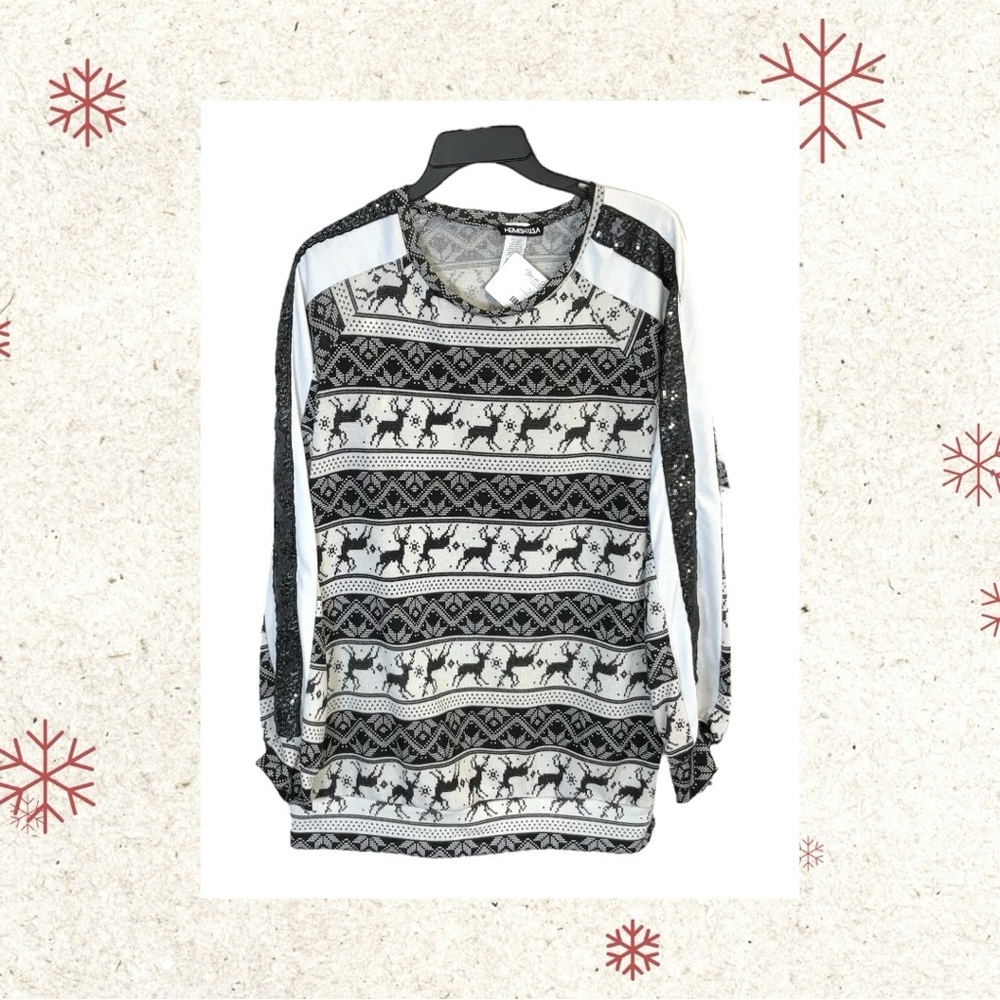 Tee For the Soul NEW Black/White Sweater Shirt Deer, Snowflakes, Sequins Women S
